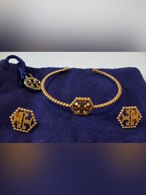 Tory Burch Gold Beaded Cuff Bracelet with Logo Hex Stud Earrings